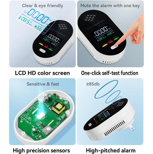 Four-in-one smart carbon monoxide detector-gas, CO/temperature and humidity monitoring + 85dB sound and light alarm, plug and play, to ensure the