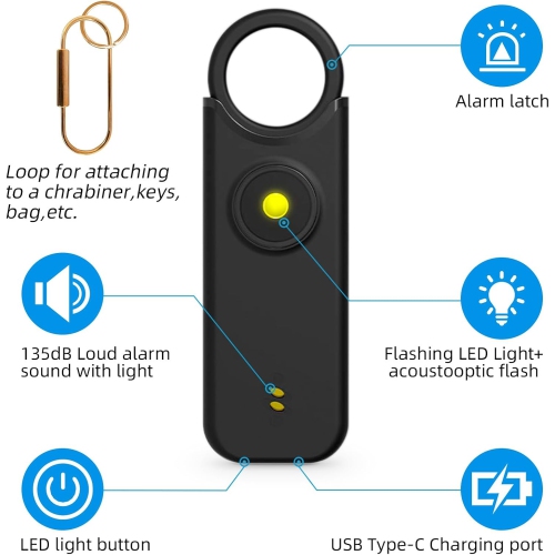 Safety Alarm Keychain: 2-in-1 Vibration and Sound Alarm, 135 dB Emergency Whistle with Flashlight, Portable Self-Defense – Ideal Gift for Travel,
