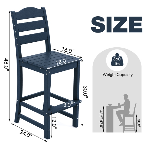 Gymax Set Of 2 Outdoor HDPE Bar Stool Patio Tall Chair Backrest Footrest All Weather Navy