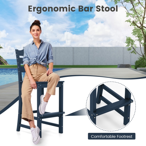 Gymax Set Of 2 Outdoor HDPE Bar Stool Patio Tall Chair Backrest Footrest All Weather Navy