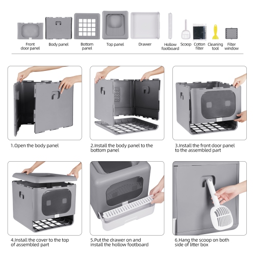 BingoPaw Cat Litter Box with Scoop, Large Foldable Litter Box with Lid, Front Entry Top Exit Kitty Box, Odor Control, Easy to Clean