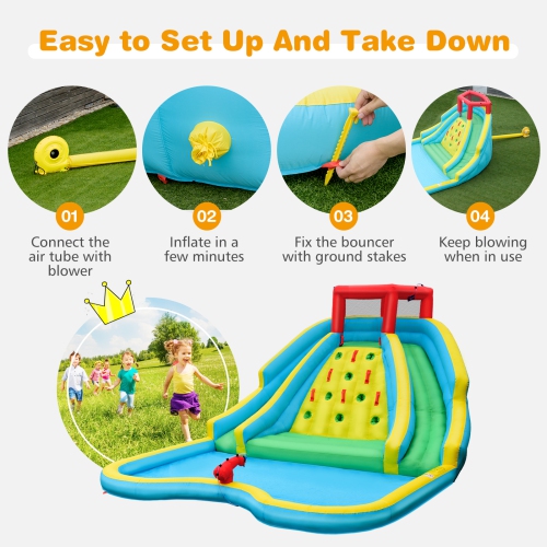 Bountech Inflatable Mighty Water Slide Park Bouncy Splash Pool Climbing Wall with Two Slide with/without blower