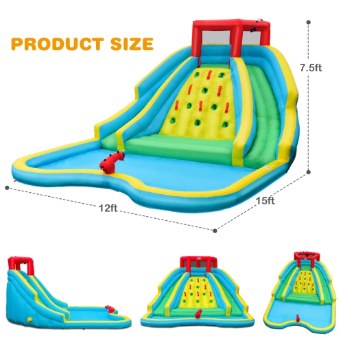 Bountech Inflatable Mighty Water Slide Park Bouncy Splash Pool Climbing Wall with Two Slide with/without blower