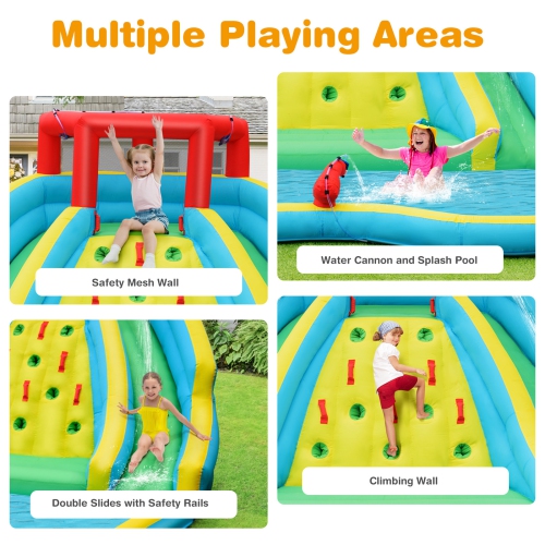 Bountech Inflatable Mighty Water Slide Park Bouncy Splash Pool Climbing Wall with Two Slide with/without blower