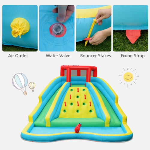 Bountech Inflatable Mighty Water Slide Park Bouncy Splash Pool Climbing Wall with Two Slide with/without blower