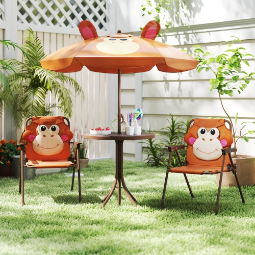 Costway Kids Picnic Table & Chair Set with 2 Folding Chairs & Height Adjustable Umbrella Brown/Green/Pink