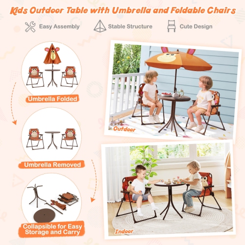 Costway Kids Picnic Table & Chair Set with 2 Folding Chairs & Height Adjustable Umbrella Brown/Green/Pink