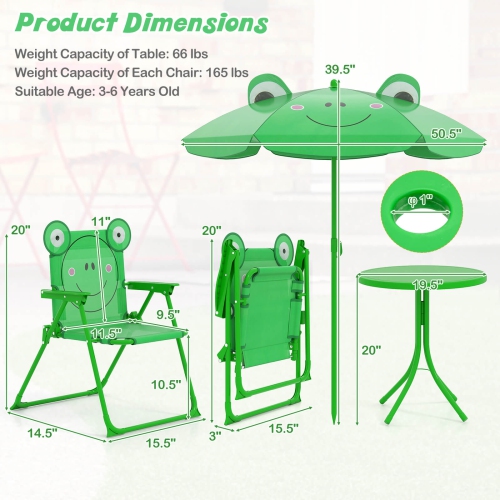 Costway Kids Picnic Table & Chair Set with 2 Folding Chairs & Height Adjustable Umbrella Brown/Green/Pink