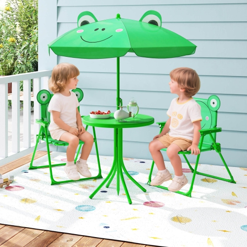 Costway Kids Picnic Table & Chair Set with 2 Folding Chairs & Height Adjustable Umbrella Brown/Green/Pink