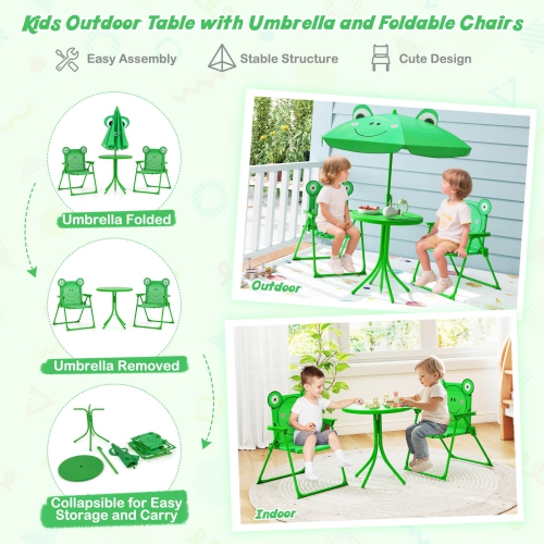 Costway Kids Picnic Table & Chair Set with 2 Folding Chairs & Height Adjustable Umbrella Brown/Green/Pink