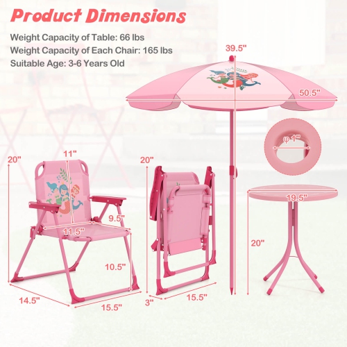 Costway Kids Picnic Table & Chair Set with 2 Folding Chairs & Height Adjustable Umbrella Brown/Green/Pink