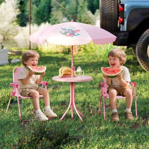 Costway Kids Picnic Table & Chair Set with 2 Folding Chairs & Height Adjustable Umbrella Brown/Green/Pink