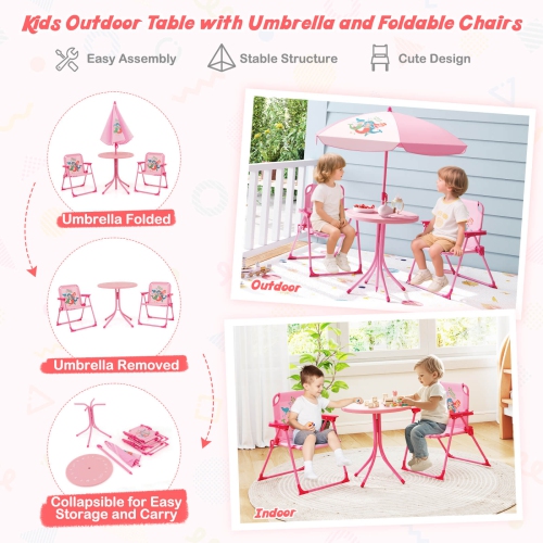 Costway Kids Picnic Table & Chair Set with 2 Folding Chairs & Height Adjustable Umbrella Brown/Green/Pink