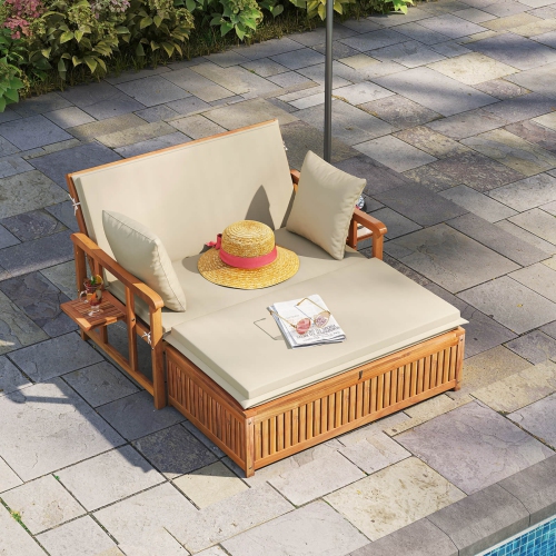 COSTWAY  Outdoor Wooden Daybed With 4-Level Backrest & Removable Cushions for Poolside