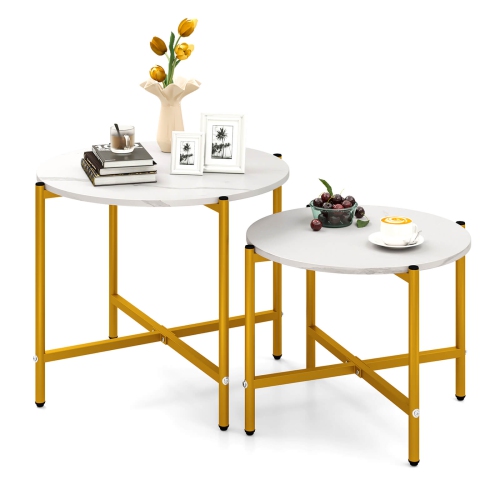 Costway Round Coffee Table Set of 2 21.5" & 25.5" Nesting Coffee Tables Circle End Table Brown/White