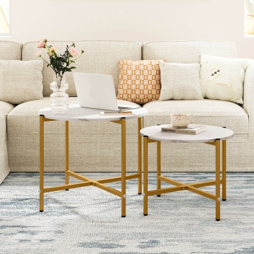 Costway Round Coffee Table Set of 2 21.5" & 25.5" Nesting Coffee Tables Circle End Table Brown/White