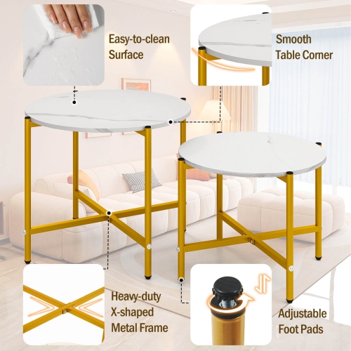 Costway Round Coffee Table Set of 2 21.5" & 25.5" Nesting Coffee Tables Circle End Table Brown/White