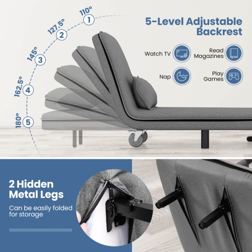 Sofa-lit convertible 3-en-1 de Costway avec dossier réglable à 5 positions et coussin lombaire gris foncé