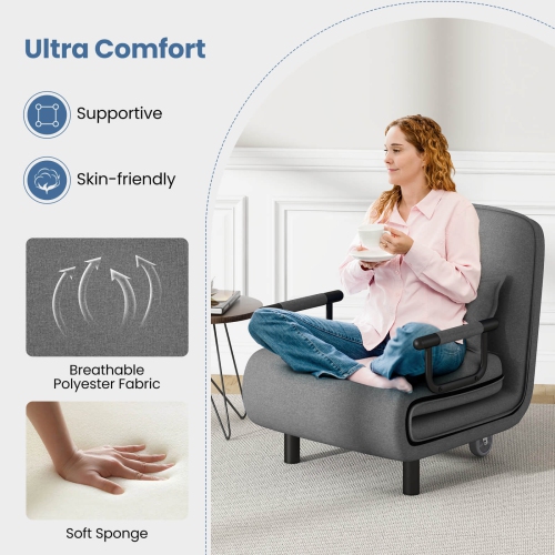 Sofa-lit convertible 3-en-1 de Costway avec dossier réglable à 5 positions et coussin lombaire gris foncé