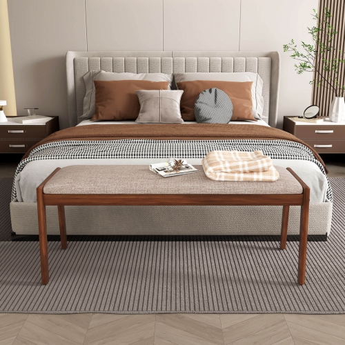 Costway 1/2 PCS 45" Farmhouse Backless Bench with Rubber Wood Legs & Fabric Padded Seat