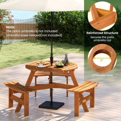 Ensemble avec table de pique-nique ronde pour 6 personnes de Costway avec 3 bancs intégrés, trou pour parasol de 2 po, brun/jaune
