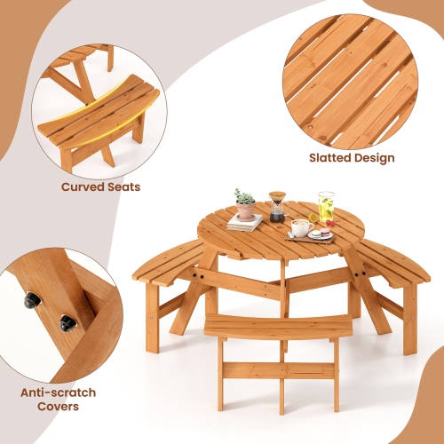 Ensemble avec table de pique-nique ronde pour 6 personnes de Costway avec 3 bancs intégrés, trou pour parasol de 2 po, brun/jaune