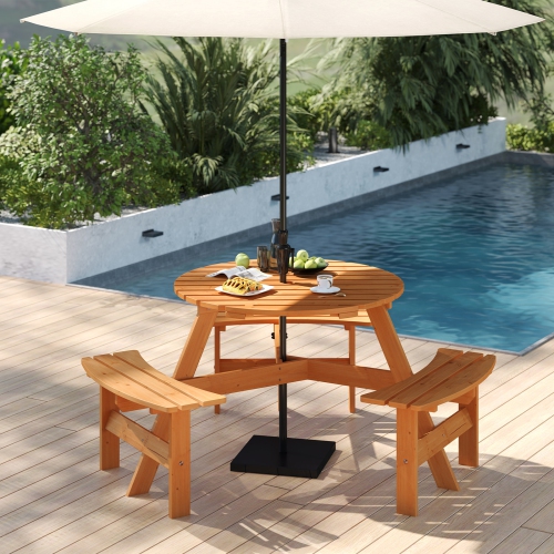 Ensemble avec table de pique-nique ronde pour 6 personnes de Costway avec 3 bancs intégrés, trou pour parasol de 2 po, brun/jaune