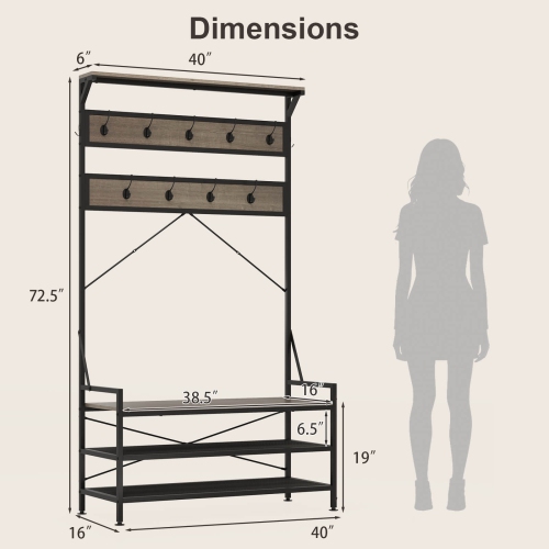 Portemanteau 4-en-1 de Costway avec 11 crochets, banc à chaussures, support à chaussures à 2 niveaux gris/brun