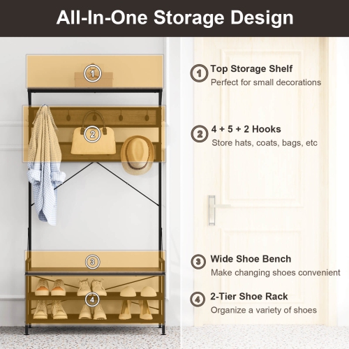 Portemanteau 4-en-1 de Costway avec 11 crochets, banc à chaussures, support à chaussures à 2 niveaux gris/brun