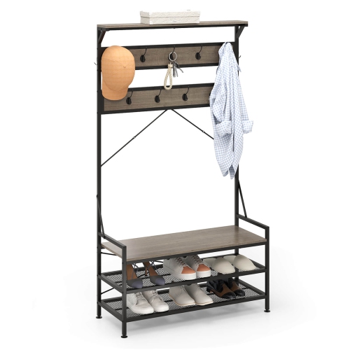 Portemanteau 4-en-1 de Costway avec 11 crochets, banc à chaussures, support à chaussures à 2 niveaux gris/brun