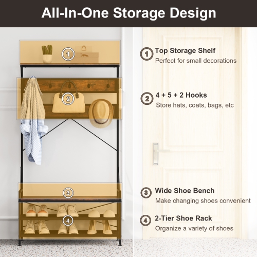 Portemanteau 4-en-1 de Costway avec 11 crochets, banc à chaussures, support à chaussures à 2 niveaux gris/brun