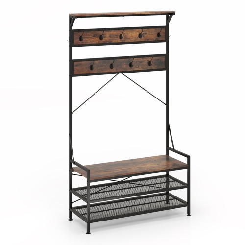 Portemanteau 4-en-1 de Costway avec 11 crochets, banc à chaussures, support à chaussures à 2 niveaux gris/brun