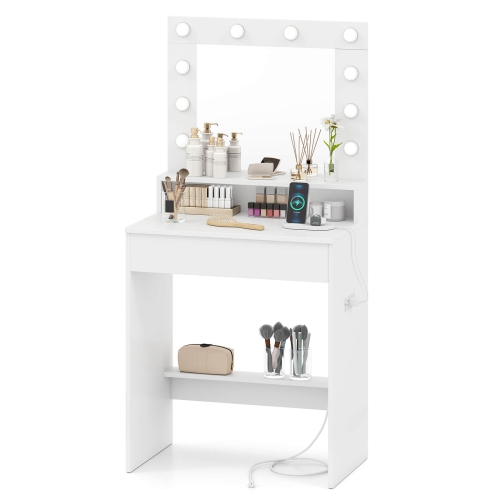 COSTWAY  Vanity Desk With Mirror And Lights With 3 Light Modes & Adjustable Brightness In White