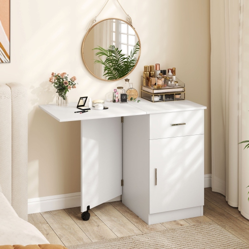 Costway Folding Computer Desk with Drawer Cabinet & Adjustable Shelf Wheel for Living Room, Black/White