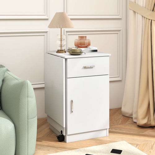 Costway Folding Computer Desk with Drawer Cabinet & Adjustable Shelf Wheel for Living Room, Black/White