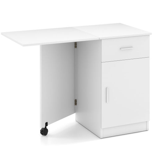 Costway Folding Computer Desk with Drawer Cabinet & Adjustable Shelf Wheel for Living Room, Black/White
