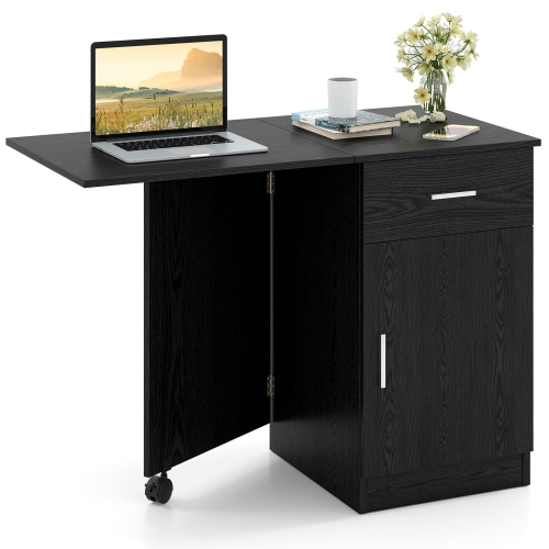 COSTWAY  Folding Computer Desk With Drawer Cabinet & Adjustable Shelf Wheel for Living Room, Black/white