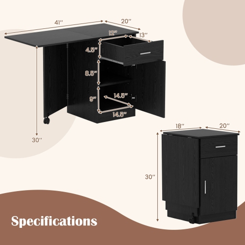 Costway Folding Computer Desk with Drawer Cabinet & Adjustable Shelf Wheel for Living Room, Black/White