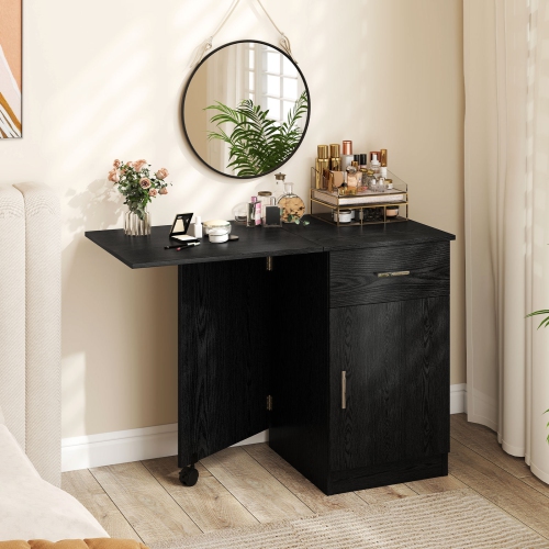 Costway Folding Computer Desk with Drawer Cabinet & Adjustable Shelf Wheel for Living Room, Black/White