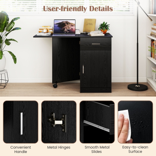 Costway Folding Computer Desk with Drawer Cabinet & Adjustable Shelf Wheel for Living Room, Black/White