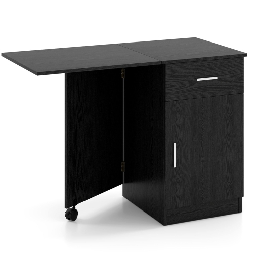 Costway Folding Computer Desk with Drawer Cabinet & Adjustable Shelf Wheel for Living Room, Black/White
