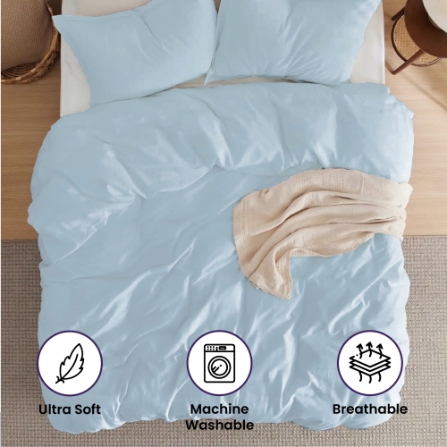 Beddora 3-Piece King Duvet Cover Set | 100% Cotton – Soft, Breathable & Durable with Corner Ties Button Closure – Light Blue
