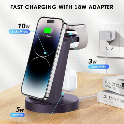 3-in-1 Wireless Charging Station for iPhone 16, Apple Watch, and AirPods - Fast Charging Dock Stand for Multiple Apple Devices