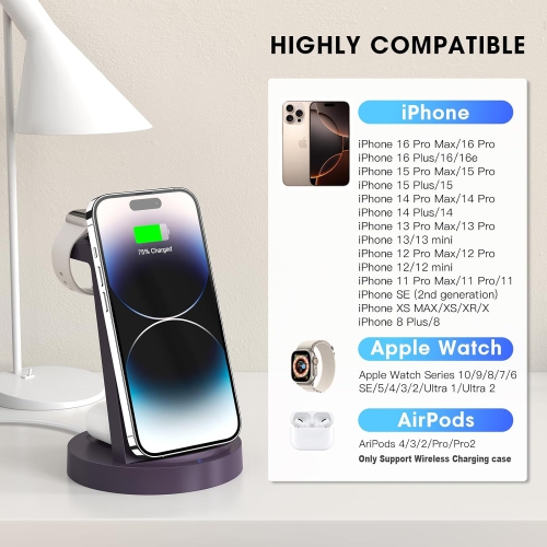 3-in-1 Wireless Charging Station for iPhone 16, Apple Watch, and AirPods - Fast Charging Dock Stand for Multiple Apple Devices