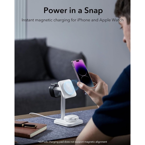 ESR 3-in-1 MagSafe Wireless Charging Stand - Magnetic Charger for iPhone 16/15/14/13/12 Series, Apple Watch, AirPods - White