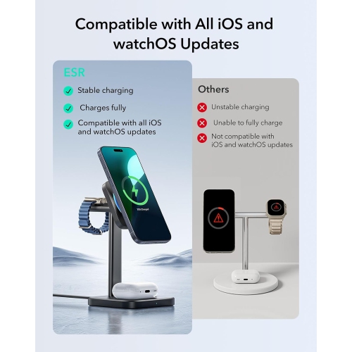 ESR Qi2 3-in-1 MagSafe Charger Stand with CryoBoost - Certified Apple Watch & Wireless Charger Stand for iPhone, AirPods, Black