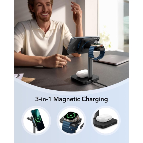 ESR Qi2 3-in-1 MagSafe Charger Stand with CryoBoost - Certified Apple Watch & Wireless Charger Stand for iPhone, AirPods, Black