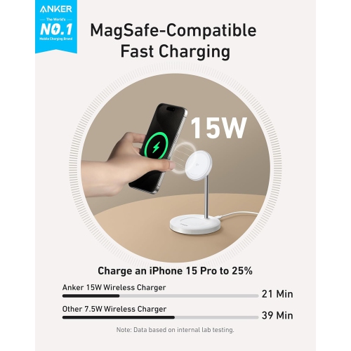 Anker MagSafe Compatible MagGo Charger Stand, iPhone 16 Wireless Charger, 2-in-1 Charging Station, Qi2 Certified 15W Max Charging,, White