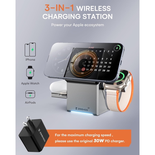 ZEEHOO 3-in-1 Charging Station for Apple - MagSafe Charger, 15W Qi2 Fast Wireless Charger Stand for iPhone 16, 15, 14, 13, 12, Apple Watch, AirPods -