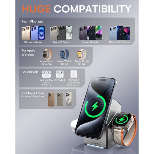 ZEEHOO 3-in-1 Charging Station for Apple - MagSafe Charger, 15W Qi2 Fast Wireless Charger Stand for iPhone 16, 15, 14, 13, 12, Apple Watch, AirPods -